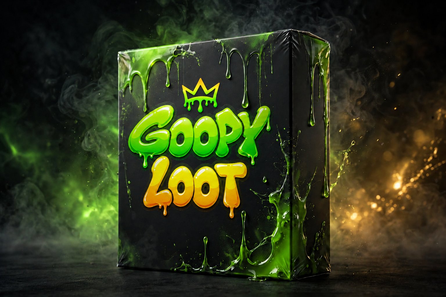 Sealed product: a closed matte black box with the Goopy Loot crown and wordmark on the front, green slime dripping down its edges