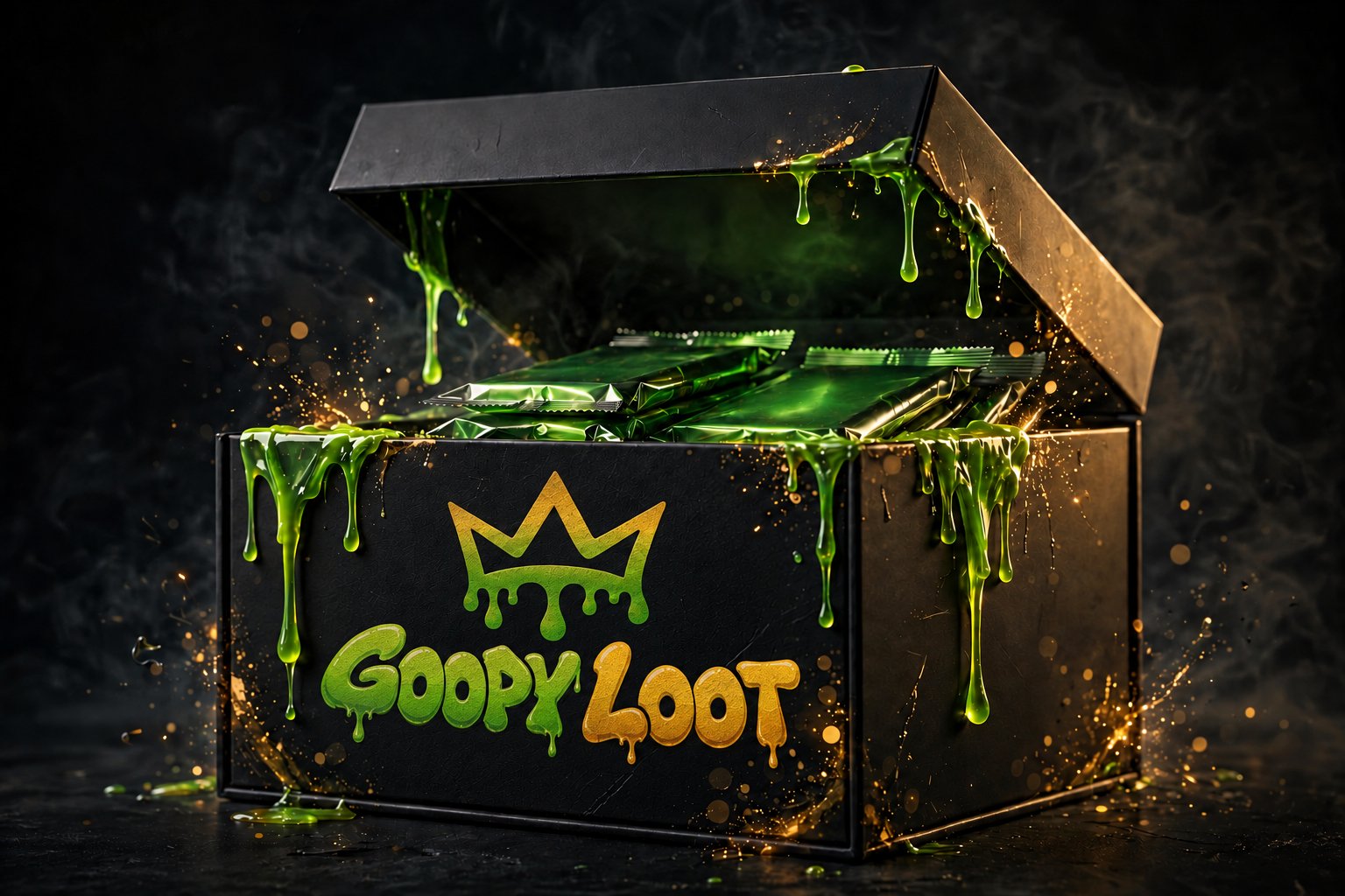 Collections and bulk: an open box filled with green foil booster packs, the Goopy Loot crown and wordmark on the front