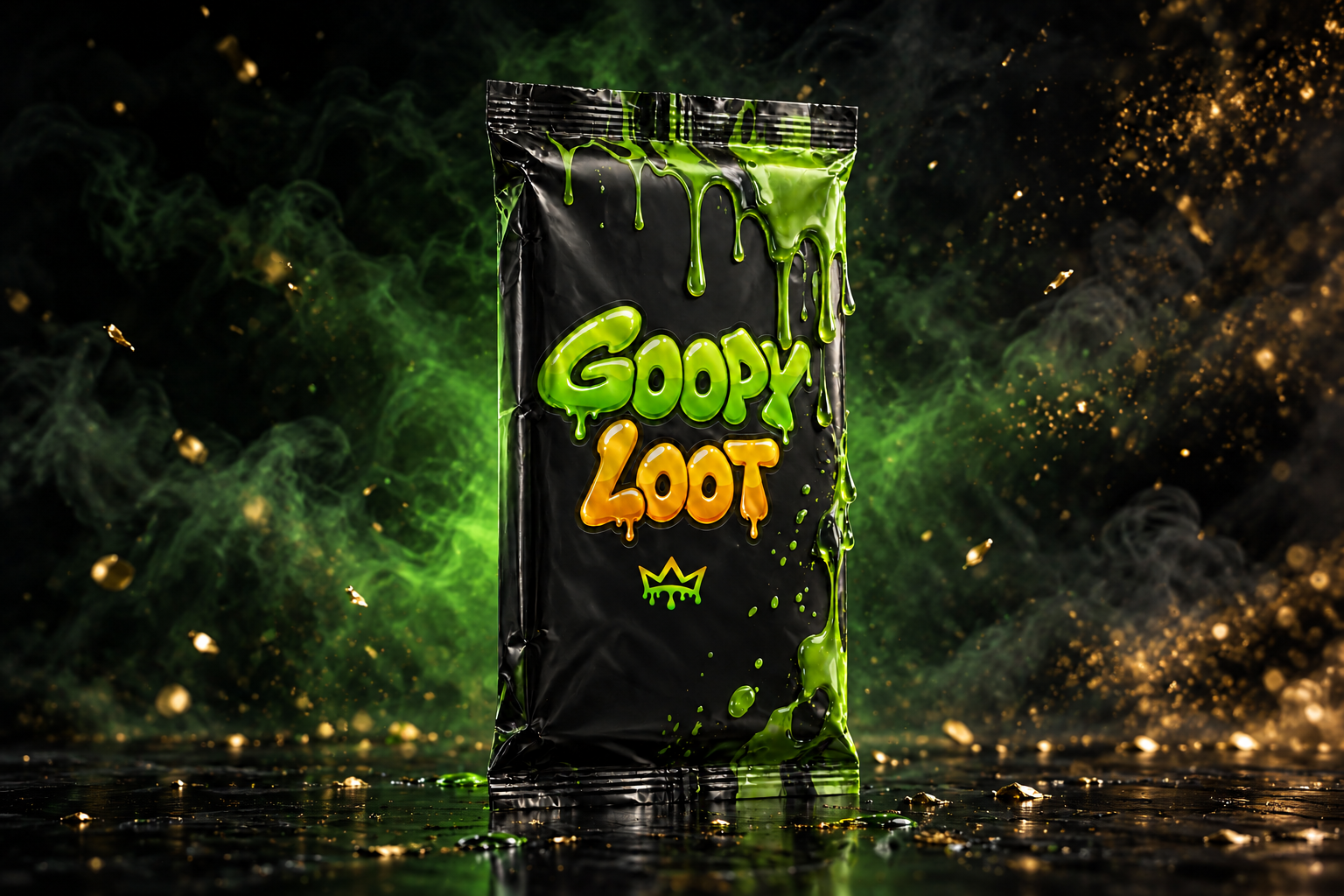Graded inventory: a black Goopy Loot foil pack with the wordmark and crown on the front, green slime dripping down its edges