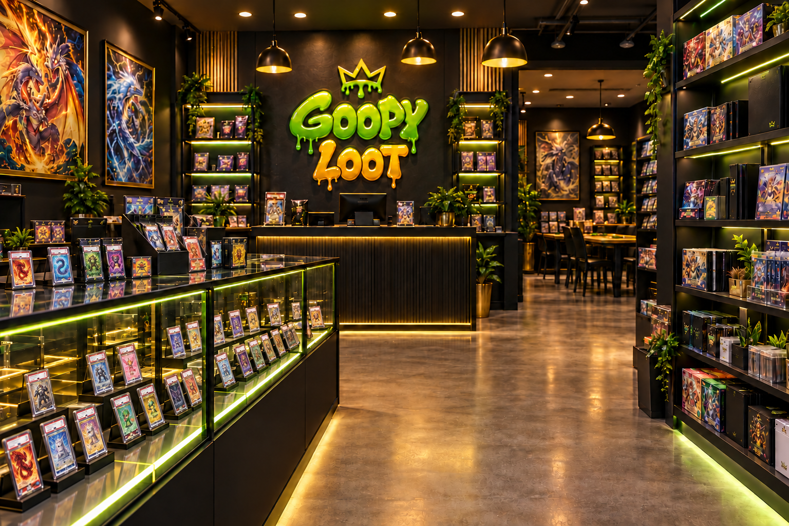 Inside the Goopy Loot card shop: glass display cases of graded cards lit in green, shelves of sealed product, and the dripping Goopy Loot sign with its crown glowing on the back wall