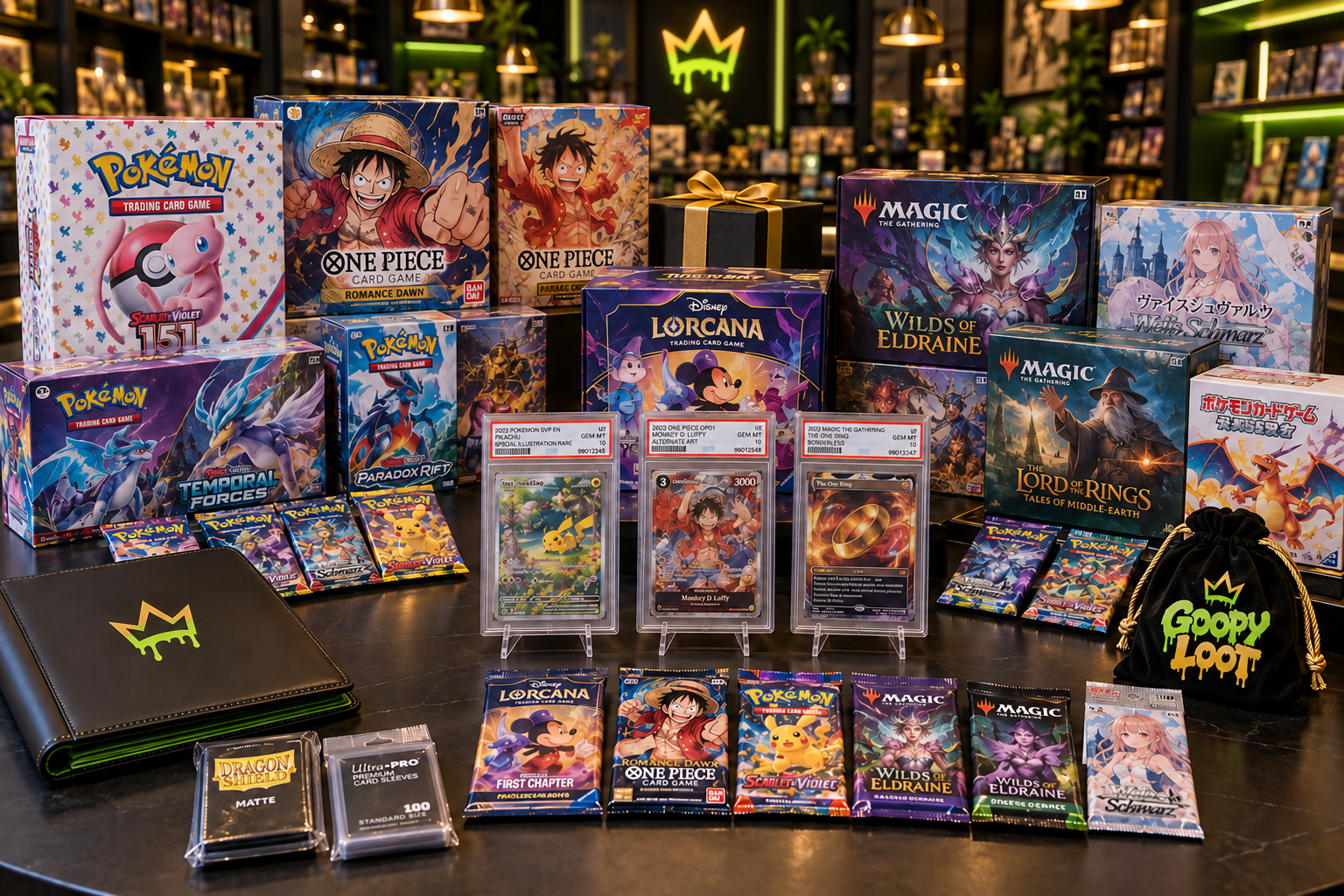 The Goopy Loot vendor table at a card show: graded slabs on display stands, Pokémon, One Piece, Magic, and Lorcana booster boxes, loose packs, and a Goopy Loot drawstring bag